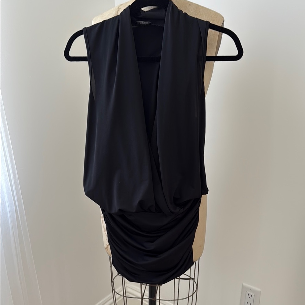Black Sleeveless Drape Top/ Mini Dress/ Beach Cover Up. Ruched side.